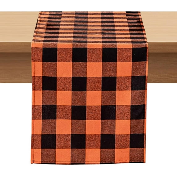 Fall Checkered Table Runner - Orange Buffalo Plaid Halloween Thanksgiving Stain Resistant Washable Table Decoration for Dining/Parties/Holiday Decor, 13 x 48 Inch