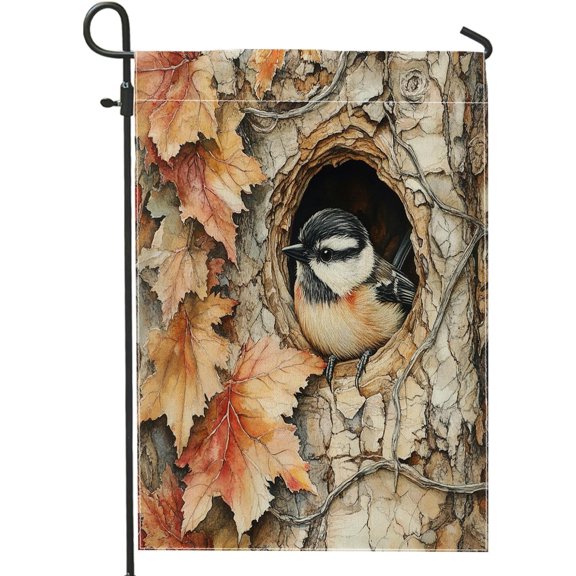 Fall Chickadees Bird Garden Flags 12x18 Inch Double-Sided for Outside, Autumn Tree Hole Linen Burlap Lawn Flags, Maple Leaf Backyard Small House Flags Outdoor Decor Decoration