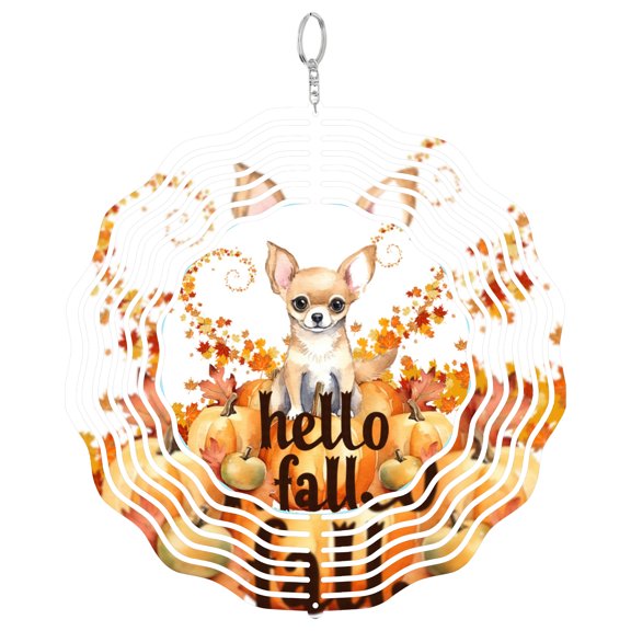 Fall Chihuahua Dog Portrait 3D Wind Spinner Kinetic Metal Hanging Pet Owner Autumn Decor Round
