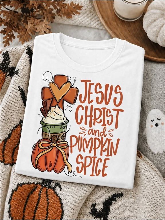 Fall Christian Graphic T‑Shirt for Women, Jesus Christ and Pumpkin Spice Print Casual Short Sleeve Tee, Autumn Pumpkin Cross Faith Thanksgiving Top