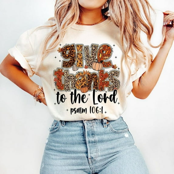 Fall Christian T-Shirt, Give Thanks to The Lord Tee, Autumn Pumpkin Faith Shirt, Leopard Pumpkin Fall Tee