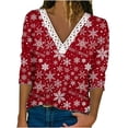 thumbnail image 1 of Fall Christmas Printed Tops for Women Crochet Lace Trim V Neck T Shirts Casual Loose Pullover Tee Shirts Tunic Blouses, 1 of 5