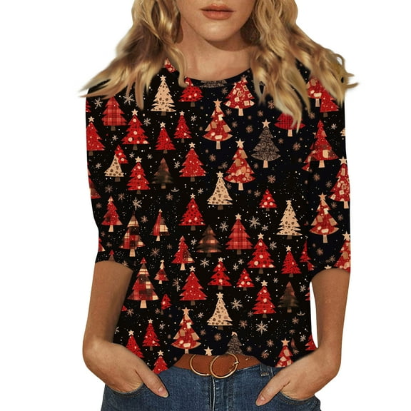 Fall Christmas Tops for Women Womens Crewneck T Shirts Graphic 3/4 Sleeve Tshirts Dressy Casual Blouse Xmas Tree Snowflake Print Gift Tops Half Sleeve Tunic Tops