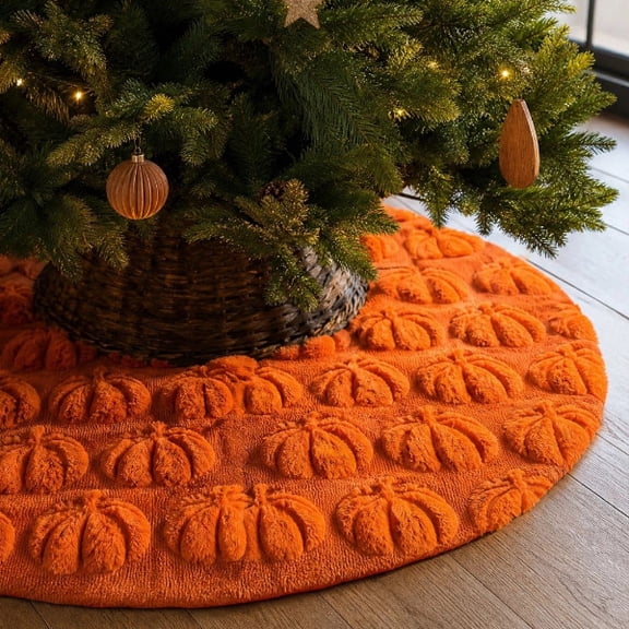 Fall Christmas Tree SkirtOrange Plush Pumpkins Tree Skirt Farmhouse Decor, Autumn Thanksgiving Halloween Tree Skirt, Soft Textured Pumpkin Pattern, Indoor Party Decoration