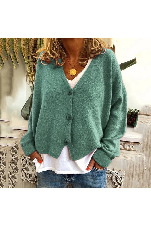 Fall Chunky Cropped Cardigan Sweaters for Women Lightweight Long Rolled Up Sleeve V-Neck Button Down Cardigan Knit Sweater Lounge Winter Solid Color Jackets