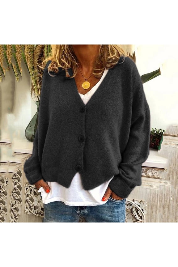 Fall Chunky Cropped Cardigan Sweaters for Women Lightweight Long Rolled Up Sleeve V-Neck Button Down Cardigan Knit Sweater Lounge Winter Solid Color Jackets