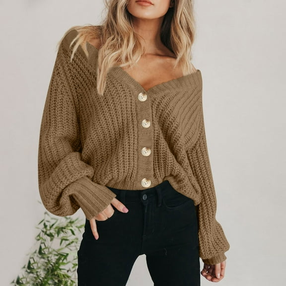 Fall Chunky Knit Cardigan Sweater for Women Button Long Sleeve V Neck Outwear Brown 3XL