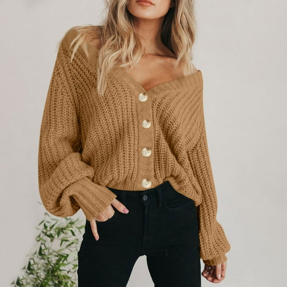 Fall Chunky Knit Cardigan Sweater for Women Button Long Sleeve V Neck Outwear Gold 3XL