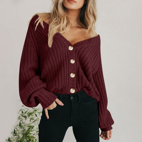Fall Chunky Knit Cardigan Sweater for Women Button Long Sleeve V Neck Outwear Wine M