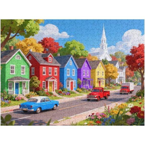 Fall City Landscape Puzzles for Adults 500 Pieces Funny Colorful Autumn Vibrant Stree Jigsaw Puzzles 500 Pieces Challenging Family Puzzle with Letters on Back Games Gift for Women and Men