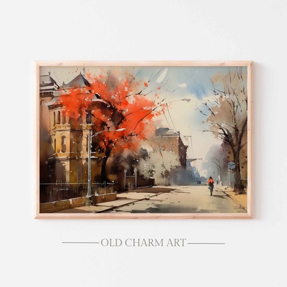 Fall Cityscape Art Poster: Autumn Street Scene, Unframed Poster Size 12x18