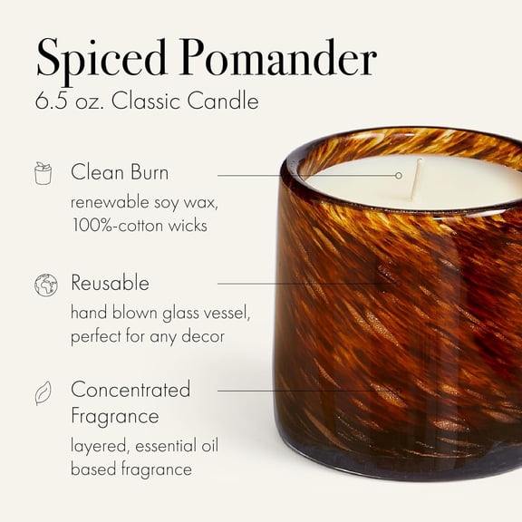 Fall Classic Candle, Spiced Pomander - 6.5 oz - 50-Hour Burn Time - Reusable, Hand Blown Glass Vessel - Made in The USA