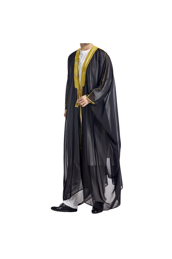 Fall Trendy Olyvenn Men's Muslim Jubba Thobe Long Sleeve Loose Fit Abaya Kaftan Dubai Arabic Saudi Islam Prayer Gown White Robe Black 8