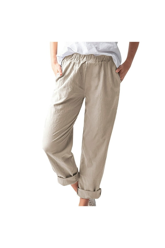 Fall Trendy Olyvenn Women's Linen Pants with Pockets Loose Fit Roll Up Cropped Trousers Comfy Summer Beach Pants Full Length Pants for Women Khaki 10
