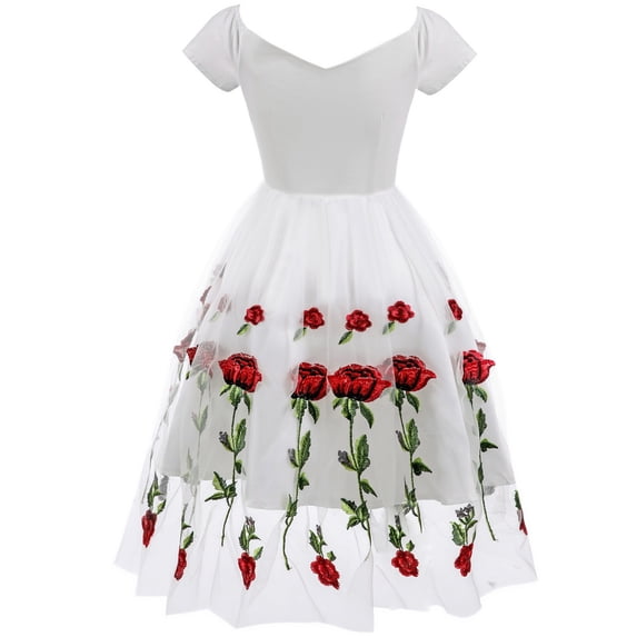Fall Clearance! Ashirexll Womens Wedding Guest Dresses, Vintage Rose Embroidery Temperament V-neck Sexy Short-Sleeved Net Yarn Dress, Formal Dresses for Women Evening Party White XL