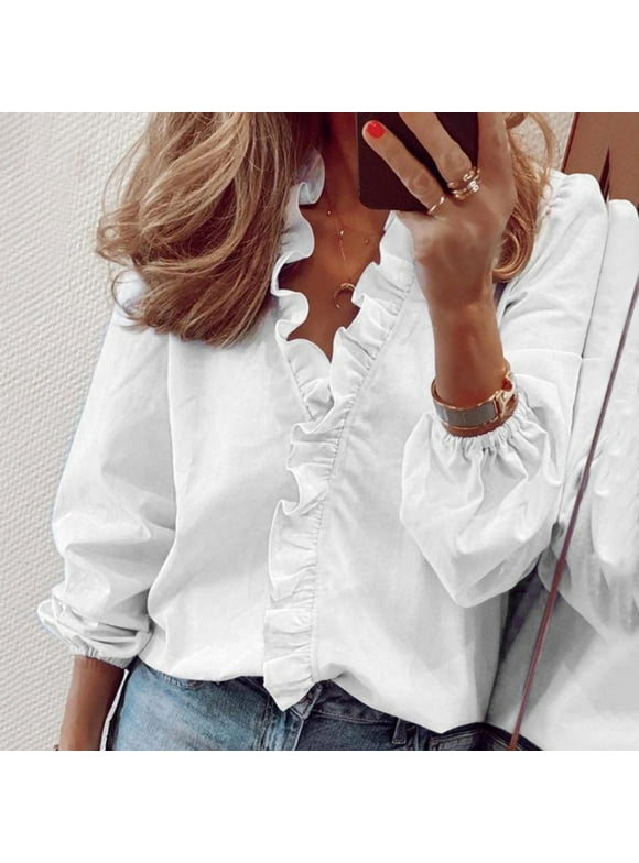 Fall Clearance Deals! AKAFMK Women Fall Tops Blouses Clearance, Plus Size Tops Women Elegant Long Sleeve Blouses Casual Solid Color V-Neck Tops Loose Shirts White XXXXXL