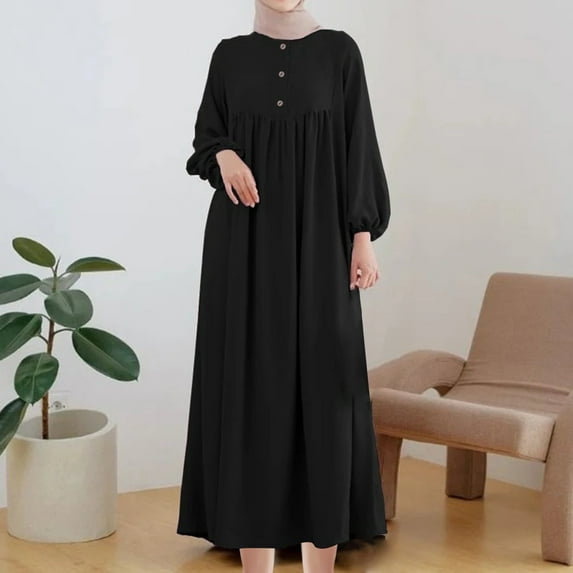 Fall Deals!Cute Dresses for Women,Women's Fashion Summer Loose Long Sleeve Round Neck Solid Color Ankle-Length Dress Black 4Xl