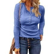 Fall Clearance Deals! EINCcm Women Fall Tops Blouses Clearance, Women Fall Henley V-Neck Lace Splicing Tunic Knit Tops Long Sleeve Button Slim Pullover Blouse Blue XL