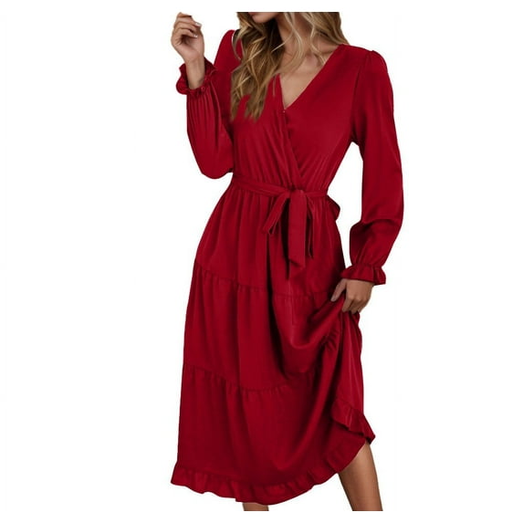 Fall Deals!Fall Wedding Guest Dresses,Women's Fashion Turndown Collar Loose Linen Long Sleeve Tightness High Waist Dress Red S
