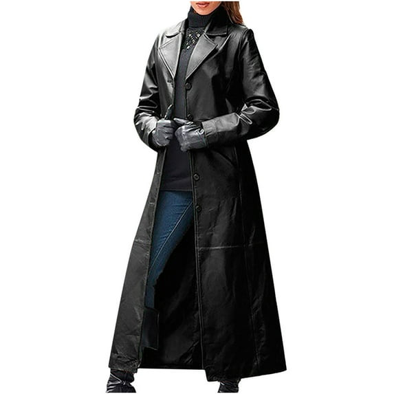 Winter Clearance Deals PITAUCE Women's Genuine Leather Trench Coat Women's Fashion Sexy Autumn And Winter Solid Long Leather Coat Imitation Leather Windbreaker Coat Black M