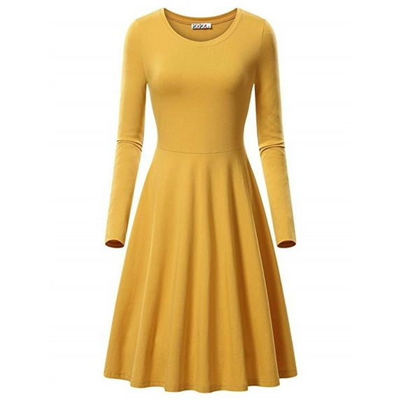 Fall Deals!Women'S Dresses,Women Elegant Temperament Solid Color Round Neck Long Sleeved Dress,Yellow,Xl