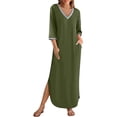 thumbnail image 1 of Fall Deals！Work Dresses for Women ,Womens Dresses 3/4 Sleeve V Neck Loose Flowy Split Long Maxi Dress with Pockets Army Green M, 1 of 1