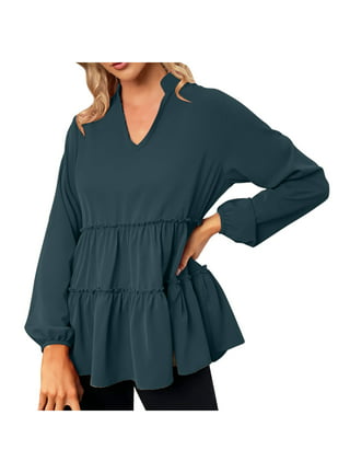 Women's Casual Long Sleeve Babydoll Tops V Neck Pleated Peplum Tunic Top  Puff Tiered Flowy Shirts Blouse 