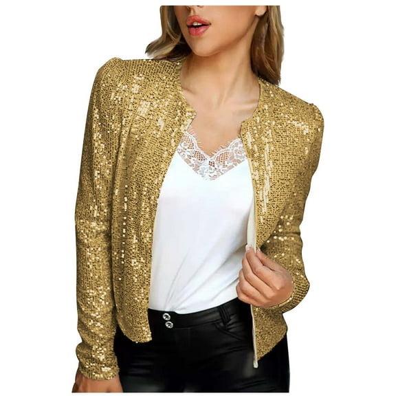 Fall Clearance Hfyihgf Women's Sequin Short Jacket Casual Puff Long Sleeve Bomber Jackets Blazer Open Front Cardigan Tops for Party Evening(Gold,L)