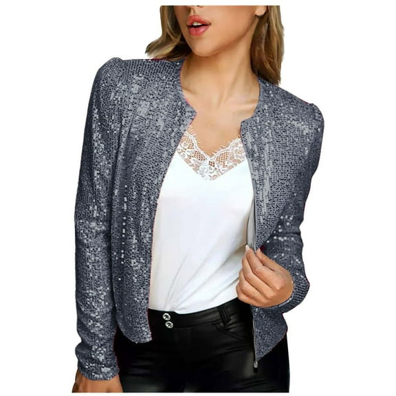 Fall Clearance Hfyihgf Women's Sequin Short Jacket Casual Puff Long Sleeve Bomber Jackets Blazer Open Front Cardigan Tops for Party Evening(Gray,XXL)