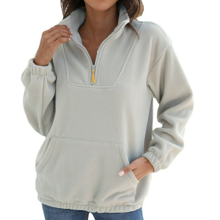 Fall Clearance Sale! RQYYD Women\'s Long Sleeve Solid 1/4 Zipper Sherpa  Pullover Tops Casual Loose Fleece Sweatshirt with kangaroo Pocket (Gray,XL)
