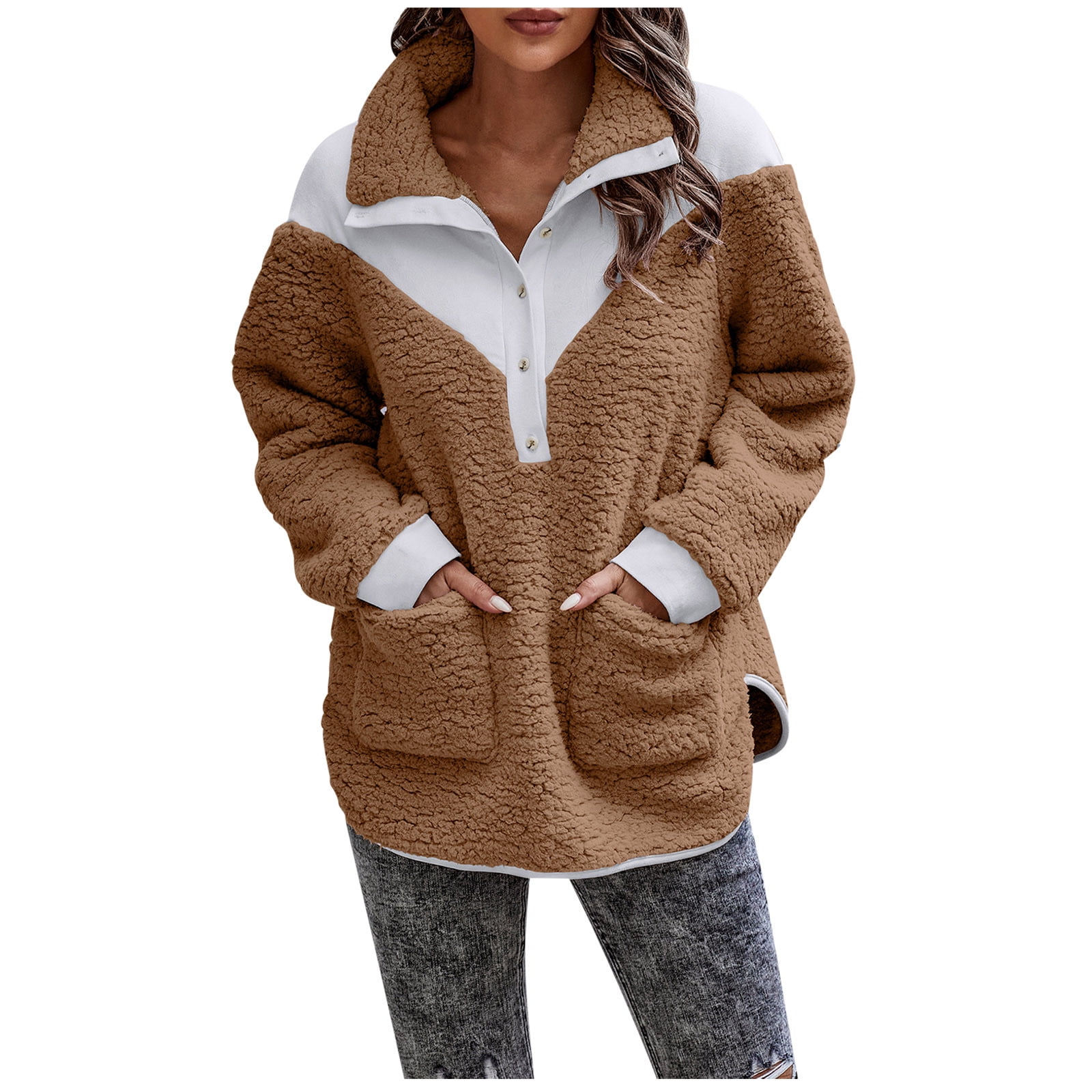 Fall Clearance Sale! RQYYD Womens 2023 Winter Sherpa Fuzzy Fleece  Sweatshirt Oversized Color Block Coat Button Cozy Pockets Pullover Lapel  Jacket with