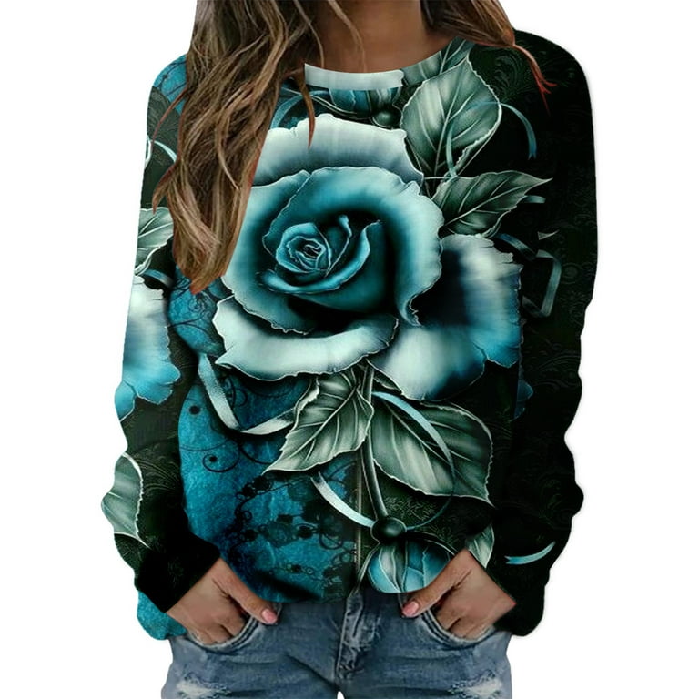 Fall Clearance Sale RQYYD Womens Rose Print Sweatshirt Casual Crewneck  Loose Pullover Tops Long Sleeve Graphic Tee Shirt Fall Clothes (Light  Blue,XXL)