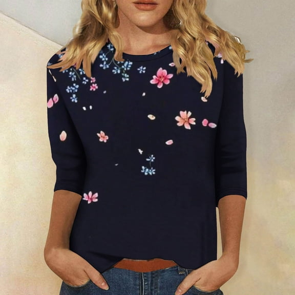 3/4 Sleeve Shirts for Women Plus Size Women's Loose Medium Long Sleeve Fashion Floral Print Crew-Neck T-Shirt Crew-Neck Top/shirt Multicolor L