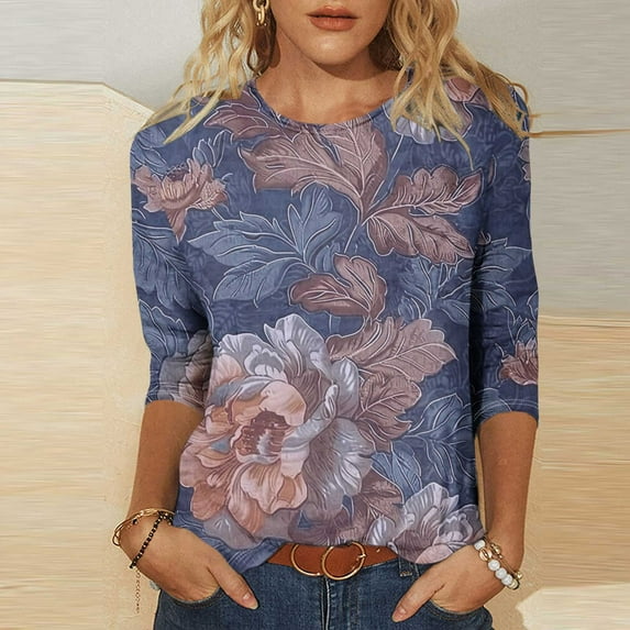 Fall !The Cozy Rose 3/4 Sleeve Shirts for Women Plus Size Ladies' Fashion Printed Round Neck Three Quarter Sleeve 3/4 Sleeve T-Shirt Loose Purple XXXL