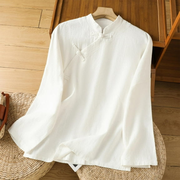 Fall !The Cozy Rose Tops for Women Long Sleeve Women's Embroidered Imitation and Linen Long Sleeve Stand-up Collar Slanted Collar Button Up White M