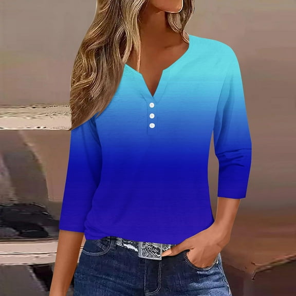Fall !The Cozy Rose V Neck T Shirts for Women Plus Size Women's Fashion Casual Solid T-Shirt 3/4 Sleeves Buttons Blouse V-Neck Casual Blue S