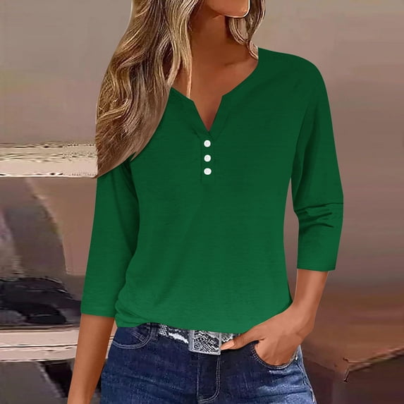 V Neck T Shirts for Women Plus Size Women's Fashion Casual Solid T-Shirt 3/4 Sleeves Buttons Blouse V-Neck Casual Green XL