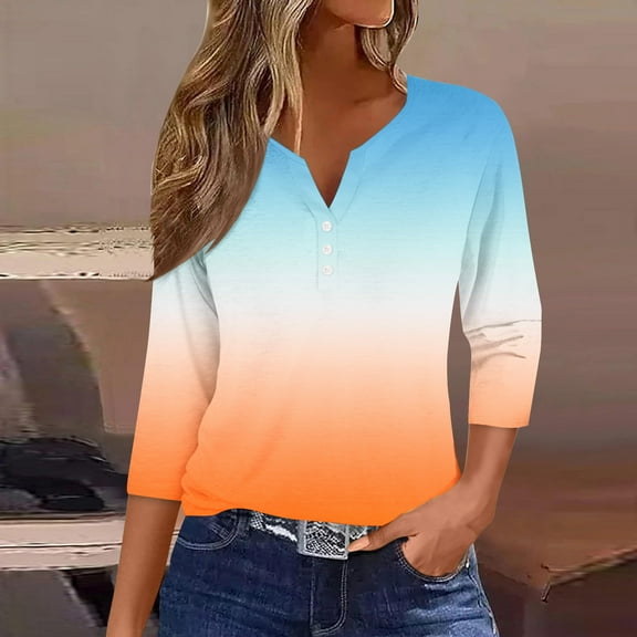 Fall !The Cozy Rose V Neck T Shirts for Women Plus Size Women's Fashion Casual Solid T-Shirt 3/4 Sleeves Buttons Blouse V-Neck Casual Orange M