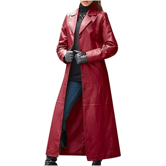 Winter Clearance Deals PITAUCE Women's Genuine Leather Trench Coat Women's Fashion Sexy Autumn And Winter Solid Long Leather Coat Imitation Leather Windbreaker Coat Wine XL