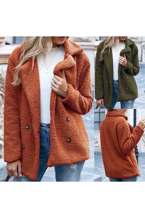 Women's Sherpa Jacket Fleece Winter Teddy Bear Coats Fuzzy Warm Fluffy Button Outwear Gold L