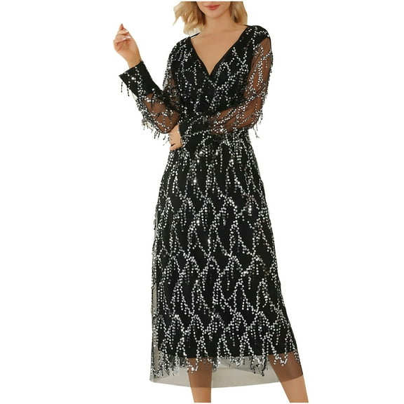 Zpanxa Dresses for Women 2023 Wedding Guest Long Sleeve V-Neck Sequined Lace Dress Long Formal Party Evening Dress Cocktail Maxi Dresses Black L