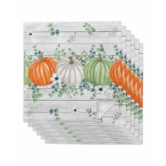 Fall Cloth Napkins Set of 6 Reusable Dinner Napkins, Orange Green Pumpkin Thanksgiving Eucalyptus Wood Cocktail Napkin Washable Table Napkins for Wedding/Holiday Party/Baby Shower 20"x20"