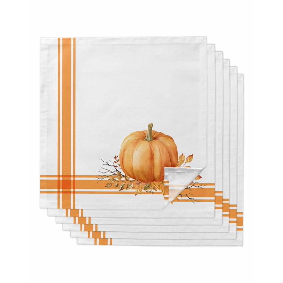 Fall Cloth Napkins Set of 6 Reusable Dinner Napkins, Orange Pumpkin Thanksgiving Autumn Stripe Leaf Cocktail Napkin Washable Table Napkins for Wedding/Holiday Party/Baby Shower 20"x20"