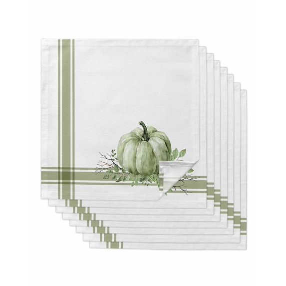 Fall Cloth Napkins Set of 8 Reusable Dinner Napkins, Sage Green Pumpkin Thanksgiving Stripe Leaf Cocktail Napkin Washable Table Napkins for Wedding/Holiday Party/Baby Shower 20"x20"