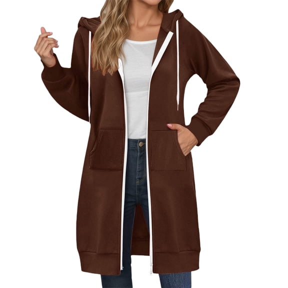 Fall Clothes Long Hoodies for Women Zip Up Double Zipper Fleece Jacket Tunic Sweatshirts Winter Fashion Clothes 2025 Oversized Knee Length Sweatshirt Womens Casual Long Zip Up Hoodie Plus Size Black
