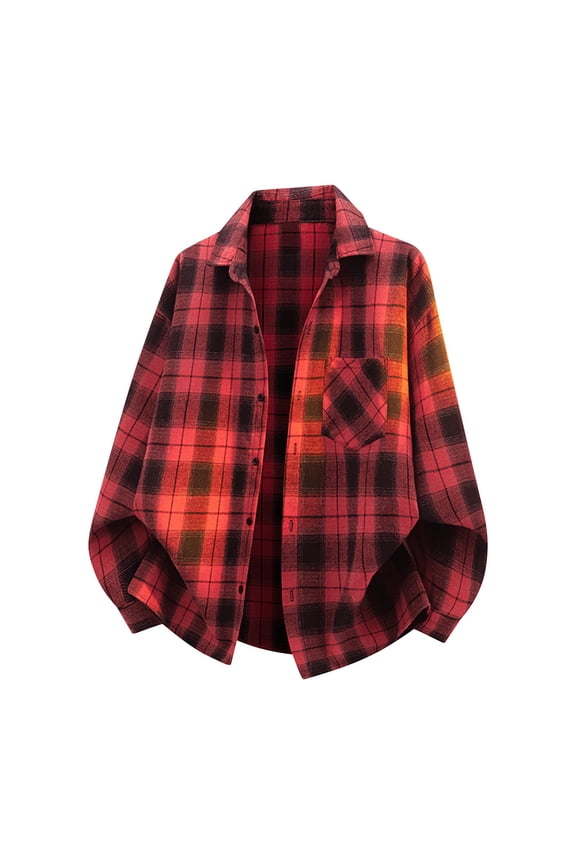 Fall Clothes, Men's Plaid Print Button Down Shirt Long Sleeve Collared Tops Fall Preppy Clothes Red L