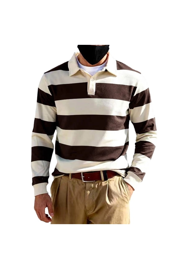 Fall Clothes, Mens Striped Sweatshirt Long Sleeve Rugby T-Shirt Fashion Fall Color Block Pullover Tops Collared Preppy Shirt Brown S