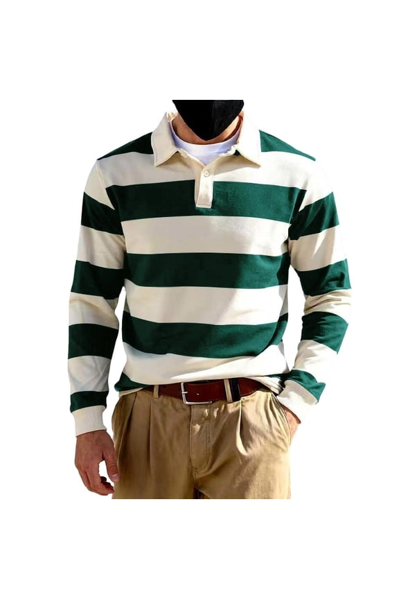 Fall Clothes, Mens Striped Sweatshirt Long Sleeve Rugby T-Shirt Fashion Fall Color Block Pullover Tops Collared Preppy Shirt Green S
