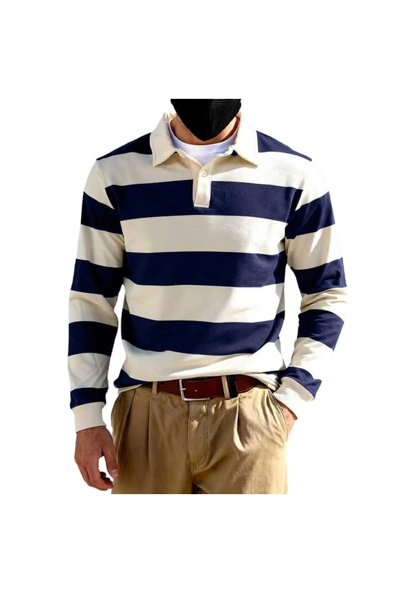 Fall Clothes, Mens Striped Sweatshirt Long Sleeve Rugby T-Shirt Fashion Fall Color Block Pullover Tops Collared Preppy Shirt Navy S
