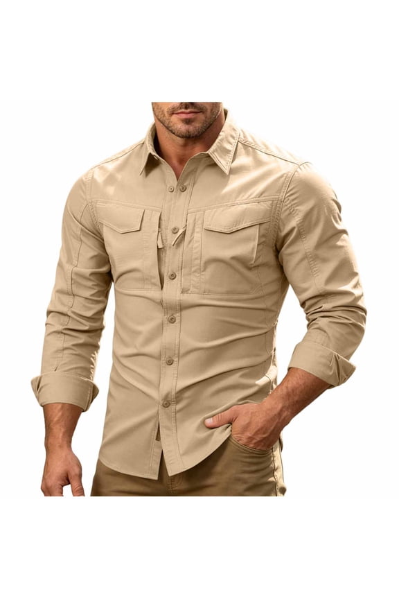 Fall Clothes, Mens Tactical Shirt Button Down Long Sleeve Collared Loose Work Shirt Comfy Breathable Outdoor Hiking Workwear Tops Khaki L